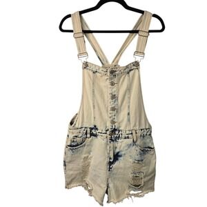Hot Kiss Acid Washed Distressed Denim Overall Shorts Size 11 Y2K‎ 90's Inspired
